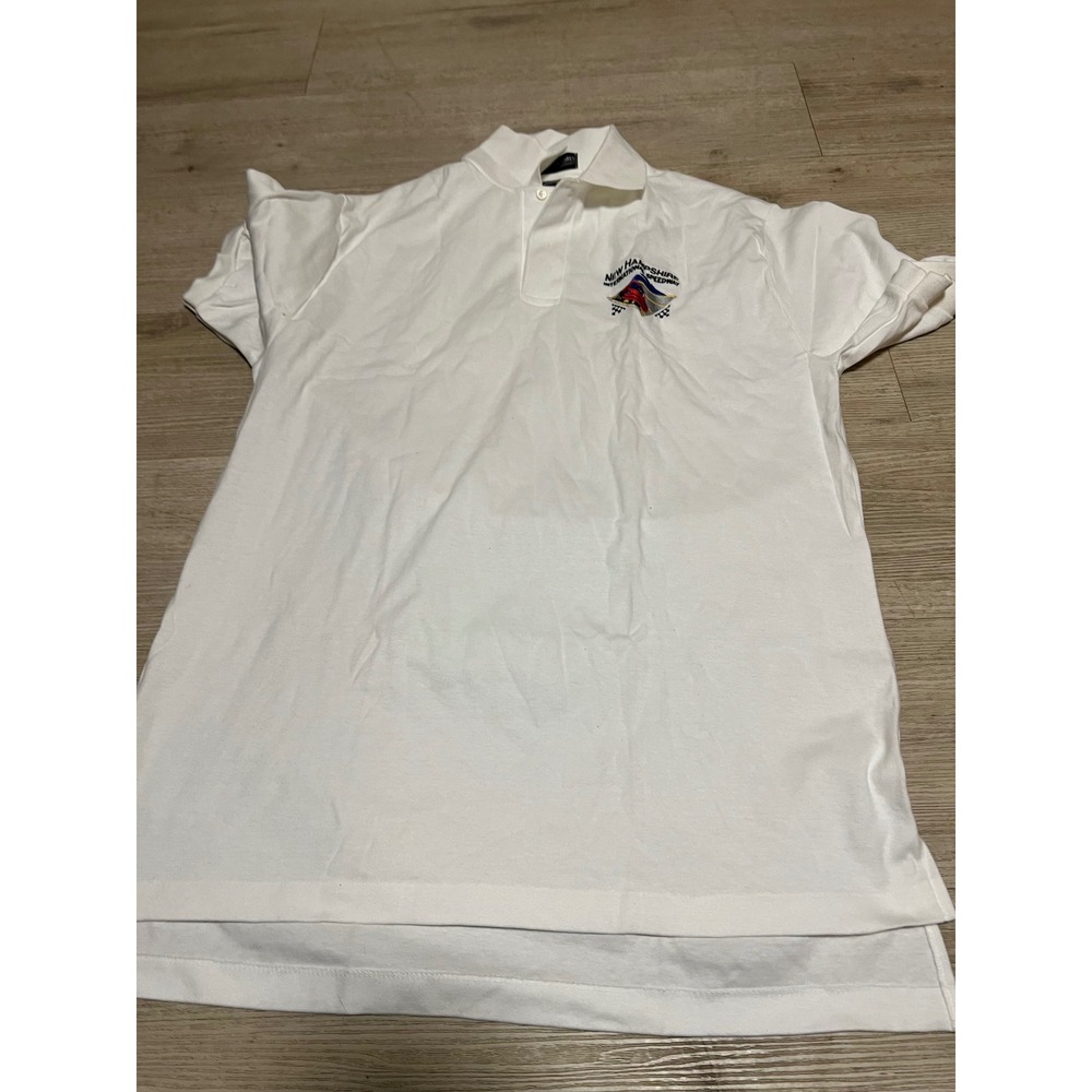 New Hampshire Motor Speedway Vtg Made In USA Polo Shirt Size L Mens NASCAR White